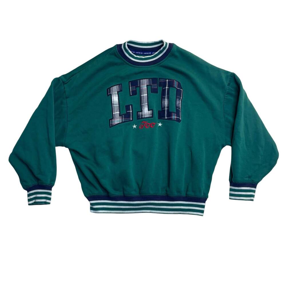 Limited Too Girls Medium 10 Green Plaid Logo Crewneck Sweatshirt Y2K
